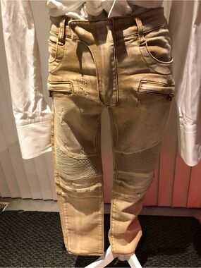 Balmain Beige Jeans w/Gold Woven Label Detail